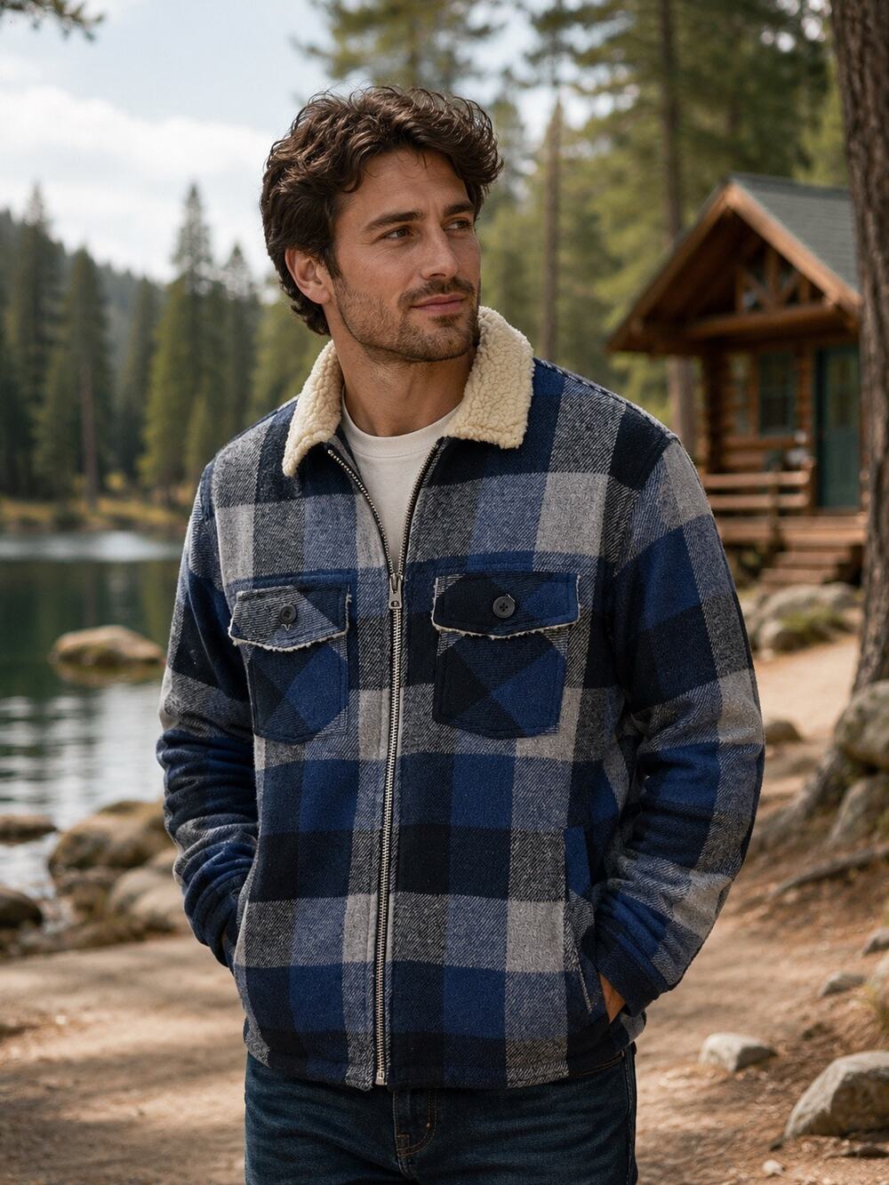 HEDGE Conscious Mens Sherpa Lined Plaid Shacket in Blue/Gray plaid. Size M.